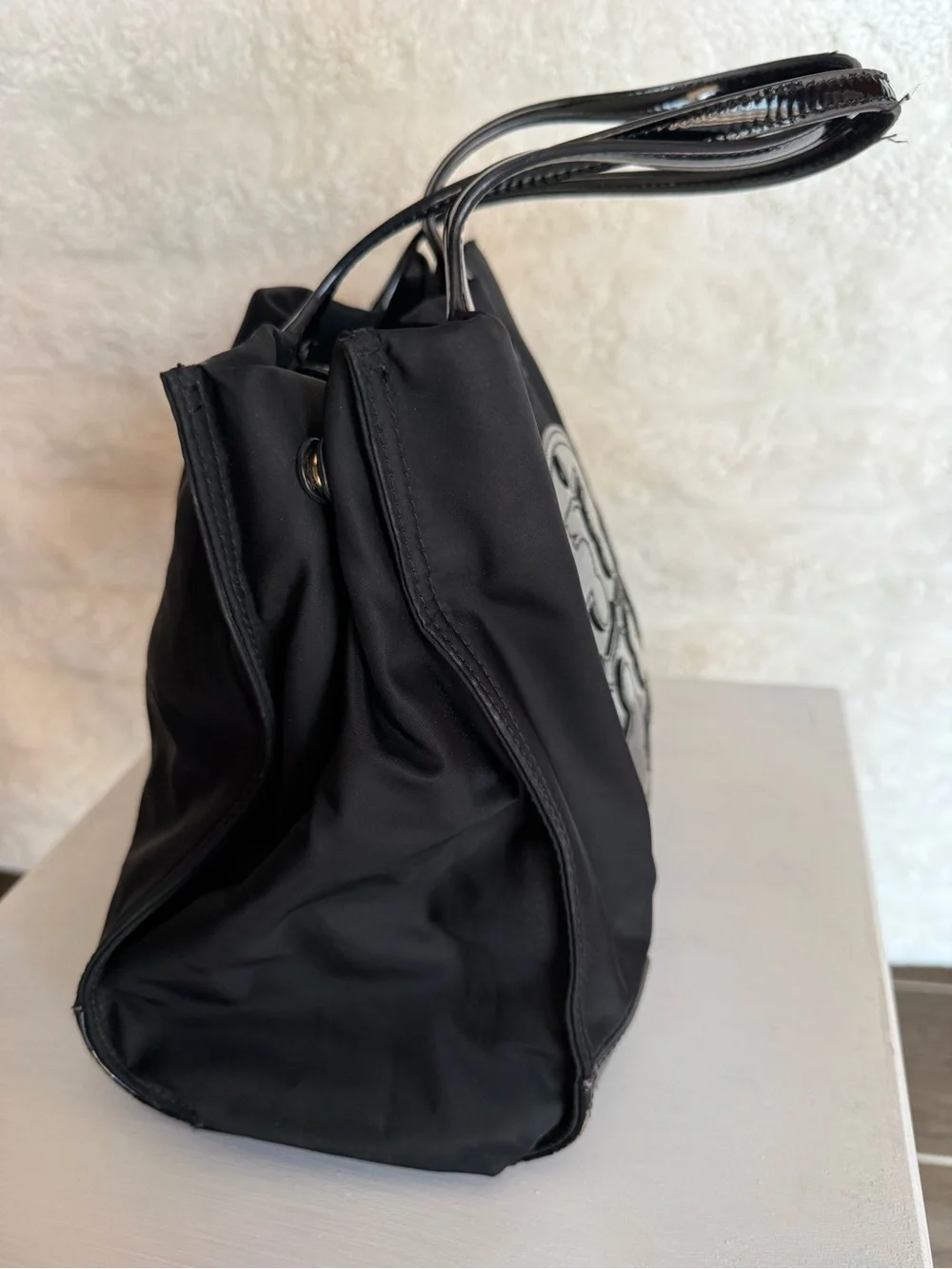 Tory Burch Black Nylon Tote with Glossy Patent Logo